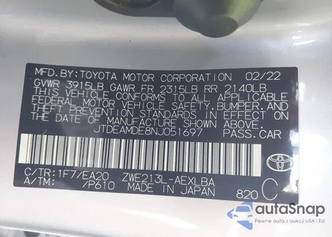 2022 Toyota Corolla Hybrid Le z USA, uszkodzony, nr VIN JTDEAMDE8NJ051697